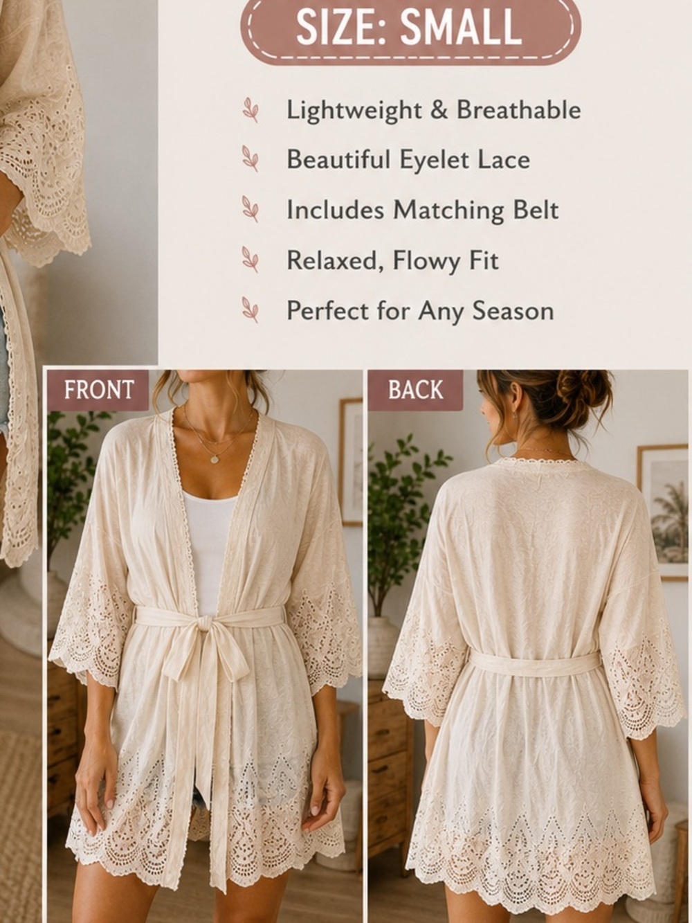 IN BLOOM Women’s Lace-Trim Cream Kimono Robe size SMALL with belt
